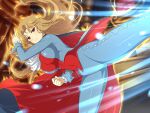  1girl black_cape blonde_hair blue_pants breasts cape clenched_hand cosplay covered_navel daidouji_(senran_kagura) demitri_maximoff demitri_maximoff_(cosplay) fire frilled_sleeves frills high_kick kicking large_breasts light_particles linea_alba long_hair long_sleeves looking_at_viewer mole mole_under_eye motion_lines official_alternate_costume official_art pants red_cape red_eyes red_shirt senran_kagura senran_kagura_burst senran_kagura_new_link senran_kagura_shoujo-tachi_no_shin&#039;ei shirt solo throne two-tone_cape vampire vampire_(game) very_long_hair wrist_cuffs yaegashi_nan 