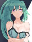  1girl bare_shoulders breasts cleavage green_hair green_heart hair_between_eyes hair_ornament high_ponytail highres iris_heart large_breasts long_hair looking_at_viewer negligee neptune_(series) ponytail power_symbol purple_eyes symbol-shaped_pupils very_long_hair zatsu 