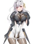  1girl armor blush bodysuit breasts fingerless_gloves gloves goddess_of_victory:_nikke grey_hair hair_ribbon hairband highres large_breasts long_hair looking_at_viewer modernia_(nikke) red_eyes ribbon see-through_cleavage shoulder_armor signature skin_tight solo standing white_hairband xi_oshir1 yellow_ribbon 