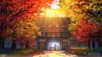  1girl architecture autumn autumn_leaves black_hair bush dappled_sunlight east_asian_architecture facing_away falling_leaves from_behind gate hakama japanese_clothes kimono leaf long_hair miko mountain official_art original outdoors pavement red_hakama scenery shrine smile_(qd4nsvik) solo standing sunlight tree white_kimono 