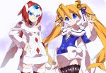  2girls bell blonde_hair blue_eyes blue_sweater breasts christmas ciel_(mega_man) hair_bell hair_ornament kaidou_zx leviathan_(mega_man) mega_man_(series) mega_man_x_(series) mega_man_x_dive mega_man_zero multiple_girls red_headwear small_breasts snowflakes sweater thighhighs twintails white_sweater winter_clothes 