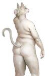  2022 anthro blonde_hair butt cettus domestic_cat felid feline felis fur hair hairless hairless_cat hakon_brandvold hand_behind_head hi_res looking_back male mammal nude peterbald rear_view simple_background slightly_chubby slightly_chubby_anthro slightly_chubby_male solo standing tail white_background white_body white_fur 