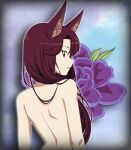  1girl animal_ears back brown_hair flower highres imaizumi_kagerou lips long_hair looking_back nude purple_flower red_eyes remyfive solo touhou upper_body wolf_ears wolf_girl 