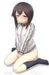  1girl black_hair black_socks bottomless dated full_body grey_eyes hayasui_(kancolle) jacket kantai_collection looking_at_viewer ray.s short_hair simple_background sitting socks solo track_jacket twitter_username v_arms wariza white_background white_jacket 
