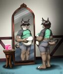  &copy; 2016 5_fingers absurd_res anthro black_hair bottomwear cake clothed clothing dessert dipstick_ears dipstick_tail eyebrows feet felid feline fingers food fur hair hand_on_own_belly happy hi_res holding_belly inside male mammal markings mirror multicolored_body multicolored_ears multicolored_fur navel overweight overweight_anthro overweight_male pink_nose shirt shorts solo squeakie_(artist) symbol tach tail tail_markings topwear yellow_eyes 