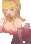  1girl absurdres ahoge akamatsu_kaede animal_ears bare_shoulders blonde_hair breasts cleavage danganronpa_(series) danganronpa_v3:_killing_harmony detached_collar fake_animal_ears hair_ornament highres large_breasts leaning_forward leotard long_hair looking_at_viewer mouth_hold musical_note musical_note_hair_ornament necktie necktie_in_mouth playboy_bunny rabbit_ears rabbit_tail simple_background strapless strapless_leotard tail wrist_cuffs youko-shima 