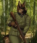  5_fingers anthro black_claws black_eyebrows black_nose bottomwear brown_body brown_fur brown_hair brown_inner_ear_fluff canid canine canis claws clothed clothing domestic_dog eyebrows fingers forest fur green_eyes gun hair inner_ear_fluff jacket male mammal military outside pants plant ranged_weapon rifle sajophoe soldier solo tail topwear tree tuft walking warrior weapon 