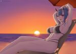  1girl abs ahoge armpits arms_up beach beach_umbrella bikini black_bikini blue_hair blurry blurry_background breasts commission hair_bun horns large_breasts looking_at_viewer navel oni_horns original pointy_ears purple_eyes putcher short_hair_with_long_locks sitting skeb_commission solo sunset swimsuit umbrella 