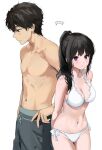  ... 1boy 1girl averting_eyes bare_shoulders bikini black_hair blush breasts brown_hair chitanda_eru cleavage collarbone cowboy_shot fingernails green_eyes highres hyouka male_swimwear medium_breasts mery_(yangmalgage) navel oreki_houtarou ponytail purple_eyes shared_speech_bubble short_hair side-tie_bikini_bottom simple_background speech_bubble spoken_ellipsis stomach swimsuit topless_male white_background white_bikini 