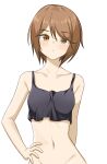  1girl bare_shoulders black_tank_top blush bottomless breasts brown_eyes brown_hair closed_mouth collarbone commentary crop_top crop_top_overhang groin hair_between_eyes hand_on_own_hip head_tilt kinuhata_saiai kuronoya50 light_blush looking_at_viewer midriff navel no_bra no_panties out-of-frame_censoring pursed_lips short_hair simple_background small_breasts solo standing tank_top toaru_majutsu_no_index upper_body very_short_hair white_background 