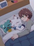  anthro bandai_namco bed blush brown_hair cuddling digimon digimon_(species) digimon_ghost_game espimon furniture gammamon green_eyes group hair hiro_amanokawa human male mammal mstdndkkkkk sleeping smile trio white_body 