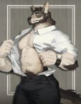  1boy abs animal_ears bara bare_pectorals black_pants coyote_boy echo_project furry furry_male hashtag_only_commentary highres looking_at_viewer male_focus omochi_kuitai pants pectorals scar scar_on_face scar_on_mouth tail the_smoke_room unbuttoned unbuttoned_shirt undressing watch wristwatch 