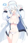  1girl alternate_costume animal_ears animal_hands arms_up bikini blue_archive blush breasts cat_ears cat_girl cat_paws cat_tail cleavage closed_eyes gloves grey_hair halo heart highres jacket large_breasts light_blush long_hair mechanical_halo meunhongcha navel noa_(blue_archive) off_shoulder open_clothes open_jacket open_mouth paw_gloves simple_background smile solo spoken_heart stomach swimsuit tail very_long_hair white_background white_bikini white_hair 