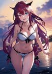  1girl :d absurdres bikini blue_eyes breasts cleavage collarbone fangs halo heterochromia highres hololive hololive_english horns irys_(hololive) large_breasts long_hair looking_at_viewer navel ocean open_mouth pointy_ears red_eyes red_hair smile solo stomach sunset swimsuit symbol-shaped_pupils teeth thighs upper_teeth_only very_long_hair wading water wavy_hair wet white_bikini zeiss 