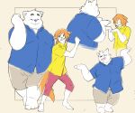  2023 anthro bottomwear canid canine canis clothing dancing domestic_dog duo eyes_closed hi_res inunoshippo kemono male mammal overweight overweight_male pants shirt shorts topwear 