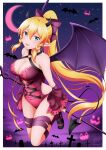  1girl alternate_costume arms_behind_back bat_(animal) blonde_hair border bow braid breasts cleavage collarbone criss-cross_halter demon_horns demon_tail demon_wings floating_hair full_body green_eyes hair_between_eyes hair_bow halloween halloween_costume halterneck high_ponytail highres horns ken-ji large_breasts leafa leg_ribbon leotard long_hair looking_at_viewer outside_border pointy_ears purple_bow purple_ribbon purple_wings red_leotard ribbon signature solo sparkle sword_art_online tail thigh_ribbon tongue tongue_out twin_braids very_long_hair white_border wings 
