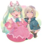  1boy 1girl :d black_gloves blonde_hair blue_flower blue_jacket blush bow clenched_hands closed_mouth coat commentary_request cosplay cropped_jacket farmer_(frederica) farmer_(frederica)_(cosplay) flower frederica_(game) frey_(rune_factory) fur_collar gloves green_eyes green_hair hair_between_eyes hair_bow hand_on_own_hip hands_up highres iwasaki_minako jacket lest_(rune_factory) long_hair long_sleeves official_alternate_costume open_mouth pink_bow pink_coat purple_eyes rune_factory rune_factory_4 second-party_source shirt short_hair smile twintails upper_body wanderer_(frederica) wanderer_(frederica)_(cosplay) white_background white_bow white_shirt wide_sleeves 