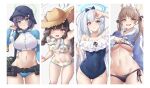  4girls absurdres bikini blue_archive blue_hoodie border braid breasts bucket_hat collarbone column_lineup covered_navel cropped_hoodie flat_chest frilled_one-piece_swimsuit frills grey_background halo hat highres hood hoodie large_breasts miyako_(swimsuit)_(blue_archive) miyu_(swimsuit)_(blue_archive) moe_(swimsuit)_(blue_archive) multiple_girls navel official_alternate_costume one-piece_swimsuit ponytail print_bikini rabbit_platoon_(blue_archive) rash_guard saki_(swimsuit)_(blue_archive) simple_background stomach straw_hat swimsuit twin_braids twintails van.elv white_border 