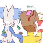  anthro askblog box braixen cocothebraixen container delphox duo female generation_6_pokemon girly male male/female nintendo paws pokemon pokemon_(species) ribbons rune_(~hey_yo~) startled 