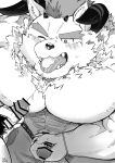  abs anthro balls behemoth_(housamo) blush bodily_fluids cum cum_in_mouth cum_inside duo erection eyebrows genital_fluids genitals hi_res horn lifewonders male male/male masturbation monster muscular muscular_anthro muscular_male nipples pecs penis rudolph_trnd thick_eyebrows tokyo_afterschool_summoners tongue 