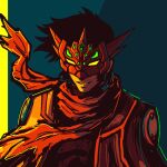  black_hair black_shirt blue_background crown emeraldcodex getter_emperor getter_rays getter_robo jacket limited_palette mask nagare_ryoma open_clothes open_jacket possessed red_mask red_scarf scarf shirt sideburns smirk 