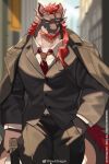  1boy bara coat coat_on_shoulders dragon_(any) dragon_boy dragon_ears facial_hair feet_out_of_frame furry furry_male goatee highres large_pectorals legs_together looking_at_viewer male_focus mature_male muscular muscular_male necktie original pectorals red_hair red_necktie second-party_source seductive_smile side_ponytail smile solo suit thick_eyebrows walking yed_(yedsilent) 