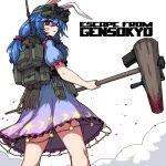  1girl black_gloves blood blood_on_weapon blue_dress blue_hair dress escape_from_tarkov formicid gloves hammer holding night_vision parody red_eyes seiran_(touhou) solo star_(symbol) star_print title_parody touhou weapon white_background 