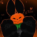  4_toes ambiguous_gender anthro black_body black_fur electricsnowfox feet food foot_focus fruit fur halloween hi_res holidays humanoid_feet lagomorph leporid mammal plant plantigrade pumpkin pumpkin_head rabbit soles solo toes 