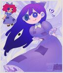  2girls blush bow bright_pupils button_eyes dress hair_bow long_hair looking_at_viewer mari_(omori) maromichan multiple_girls omori puffy_short_sleeves puffy_sleeves purple_dress purple_eyes purple_hair ragatha_(the_amazing_digital_circus) red_hair short_hair short_sleeves smile the_amazing_digital_circus triangle_nose white_pupils 