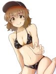  1girl baseball_cap bikini black_bikini black_headwear breasts brown_hair cleavage foreshortening hat highres idolmaster idolmaster_cinderella_girls leaf_print medium_breasts namiki_meiko shigeyuki... short_hair simple_background sitting solo swimsuit tongue tongue_out wariza wavy_hair white_background yellow_eyes 