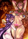  2girls armlet armpits arms_up ass ass_tattoo back_tattoo blonde_hair blush bracelet breasts brown_eyes brown_hair cloak commentary_request earrings embarrassed hair_over_one_eye highres hood hooded_cloak idolmaster idolmaster_cinderella_girls jewelry large_breasts long_hair looking_at_another looking_to_the_side matsunaga_ryo multiple_girls navel pelvic_curtain pubic_tattoo revealing_clothes shirasaka_koume short_hair skull skull_cup small_breasts sweat tattoo thighs tongue tongue_out tramp_stamp warainaku wavy_hair wavy_mouth 