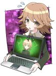  border brown_eyes brown_hair computer danganronpa:_trigger_happy_havoc danganronpa_(series) double-parted_bangs fujisaki_chihiro green_shirt hair_between_eyes holding holding_laptop ixy laptop neck_ribbon open_mouth purple_background ribbon school_uniform shirt short_hair white_border 