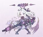  1girl absurdly_long_hair blue_archive boots coat coat_on_shoulders demon_wings expressionless fur_trim hair_ornament halo highres hina_(blue_archive) holding holding_weapon horns jacket long_hair purple_eyes seabearsnake solo thighhighs very_long_hair weapon weapon_request white_hair wings 
