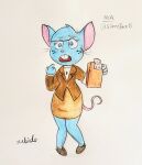 2023 anthro biped blue_body blue_eyes blue_fur blue_hair bottomwear brown_clothing brown_topwear brown_vest buckteeth clipboard clothed clothed_anthro clothed_female clothing colored female female_anthro freckles fur graphite_(artwork) hair holding_clipboard holding_object mammal mia_mouse mouse mouse_ears mouse_tail murid murine pencil_(artwork) pencil_skirt pink_inner_ear pink_nose pink_tail rodent skirt solo subido tail tan_bottomwear tan_clothing tan_skirt teeth topwear traditional_media_(artwork) vest whiskers 