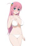  1girl bikini blue_eyes blush bocchi_the_rock! breasts commentary cowboy_shot cube_hair_ornament frown gotoh_hitori hair_ornament halterneck hand_on_own_chest highres large_breasts long_hair looking_at_viewer navel one_side_up open_mouth pink_hair simple_background solo standing swimsuit white_background white_bikini yisusjpl 