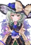  1girl black_headwear blue_flower blue_rose blush bow closed_mouth commentary_request flower frilled_bow frilled_headwear frilled_shirt_collar frilled_sleeves frills green_eyes green_hair green_skirt hat hat_bow hat_flower heart heart-shaped_pupils heart_of_string jaku_sono komeiji_koishi light_smile long_hair looking_at_viewer rose shirt simple_background skirt solo sparkle straight-on symbol-shaped_pupils third_eye top_hat touhou upper_body white_background wide_sleeves yellow_bow yellow_shirt 