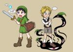  2021 absurd_res black_hair blonde_hair boots child clothing cosplay crossover crossover_cosplay dialogue elf english_text fairy footwear full_metal_alchemist group hair hi_res holding_object holding_sword holding_weapon human humanoid humanoid_pointy_ears hylian male mammal melee_weapon navi nintendo not_furry ocarina_of_time protege selim_bradley shield shoes speech_bubble sword text the_legend_of_zelda weapon wings young young_link 