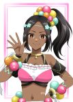  1girl bare_shoulders black_hair brown_eyes closed_mouth crop_top dark-skinned_female dark_skin fire_emblem fire_emblem_engage flower hair_flower hair_ornament hand_on_own_hip highres looking_at_viewer midori_no_baku navel ponytail smile solo star-shaped_pupils star_(symbol) symbol-shaped_pupils timerra_(fire_emblem) twitter_username upper_body waving 