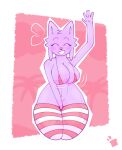  anthro big_breasts bra breasts clothing eyes_closed felid feline female footwear gesture hand_between_legs handshake huge_breasts hybrid legwear mammal no_areola purple_body smile smiling_at_viewer socks solo thick_thighs thigh_highs thigh_socks toasterstealer underwear 