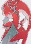  1girl bright_pupils closed_mouth colored_skin fish_girl from_behind highres holding jewelry looking_back mipha oharu-chan orange_eyes red_skin simple_background smile solo the_legend_of_zelda upper_body white_background white_nails white_pupils zora 