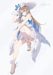  1girl aponia_(honkai_impact) arm_up bare_shoulders blue_eyes blue_hair blue_nails brown_footwear brown_hair bug butterfly closed_mouth commentary_request dress eyes_visible_through_hair feathered_wings feet frilled_dress frills full_body grey_background hair_over_one_eye hand_on_headwear highres honkai_(series) honkai_impact_3rd knee_up legs long_hair low_wings multicolored_hair nail_polish sandals signature sitting sleeveless sleeveless_dress solo strappy_heels toenail_polish toenails toes two-tone_hair very_long_hair white_dress white_headwear white_wings wings yuking- 