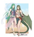  2girls alternate_costume beach bikini blue_sky breasts cm_lynarc collarbone dragon_tail fire_emblem fire_emblem_awakening fire_emblem_echoes:_shadows_of_valentia full_body green_eyes grey_hair highres looking_at_viewer mila_(fire_emblem) multiple_girls naga_(fire_emblem) navel one-piece_swimsuit pointy_ears sandals see-through see-through_shawl shawl sky stomach swimsuit tail 