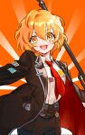  1girl black_coat black_pants blonde_hair coat collared_shirt cowboy_shot don_quixote_(project_moon) highres limbus_company long_sleeves looking_at_viewer necktie open_mouth orange_background pants project_moon red_necktie shirt short_hair simple_background smile solo sunburst sunburst_background white_shirt wing_collar y0ru73 yellow_eyes 