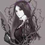  1girl alice:_madness_returns alice_liddell_(american_mcgee&#039;s_alice) american_mcgee&#039;s_alice black_eyes black_gloves black_hair closed_mouth dress gloves greyscale knife kurayoshi long_hair looking_at_viewer monochrome simple_background solo weapon 