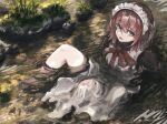 1girl apron black_dress blue_eyes bow bowtie dress highres hisui_(tsukihime) koromoya maid maid_apron maid_headdress moss nature open_mouth outdoors partially_submerged pond reclining red_bow red_bowtie red_hair ripples rock single_bare_leg soaking_feet solo sunlight tsukihime tsukihime_(remake) twitter_username wet 