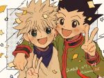  2boys artist_name black_hair blue_eyes dated gon_freecss green_jacket hunter_x_hunter jacket killua_zoldyck looking_at_viewer male_child male_focus multiple_boys okome_325 shirt short_hair spiked_hair v white_hair white_shirt 