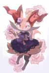  1girl animal_ear_fluff animal_ears animal_nose black_fur bow braixen digitigrade dress dress_bow fang floral_background flower fox_ears full_body furry furry_female hair_flower hair_ornament hand_on_own_hip highres holding holding_stick ikei lace-trimmed_dress lace_trim looking_at_viewer open_mouth orange_eyes orange_fur pink_flower pokemon pokemon_(creature) pokemon_(game) purple_bow purple_dress red_nose smile snout solo stick tsurime white_background white_fur yellow_fur 