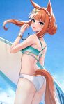  1girl absurdres animal_ears aqua_bikini aqua_eyes ass bare_arms bare_legs bare_shoulders bikini blush cowboy_shot highres horse_ears horse_girl horse_tail long_hair nassss open_mouth orange_hair silence_suzuka_(emerald_on_the_waves)_(umamusume) smile solo swimsuit tail umamusume 