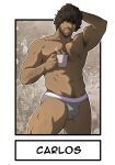  1boy bara black_hair bulge carlos_oliveira character_name chest_hair closed_mouth cup dkmate facial_hair grey_male_underwear holding holding_cup large_pectorals male_focus male_underwear muscular muscular_male navel nipples one_eye_closed pectorals resident_evil resident_evil_3:_nemesis resident_evil_3_(remake) short_hair solo thick_thighs thighs underwear 