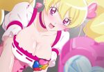  1girl blonde_hair blush breasts choker cleavage collarbone cure_peach earrings fresh_precure! fuchi_(nightmare) gradient_background grey_background hair_ornament heart heart_earrings heart_hair_ornament holding holding_wand jewelry large_breasts long_hair looking_at_viewer magical_girl momozono_love open_mouth peach_rod pink_choker pink_eyes precure puffy_short_sleeves puffy_sleeves short_sleeves smile solo twintails upper_body wand 